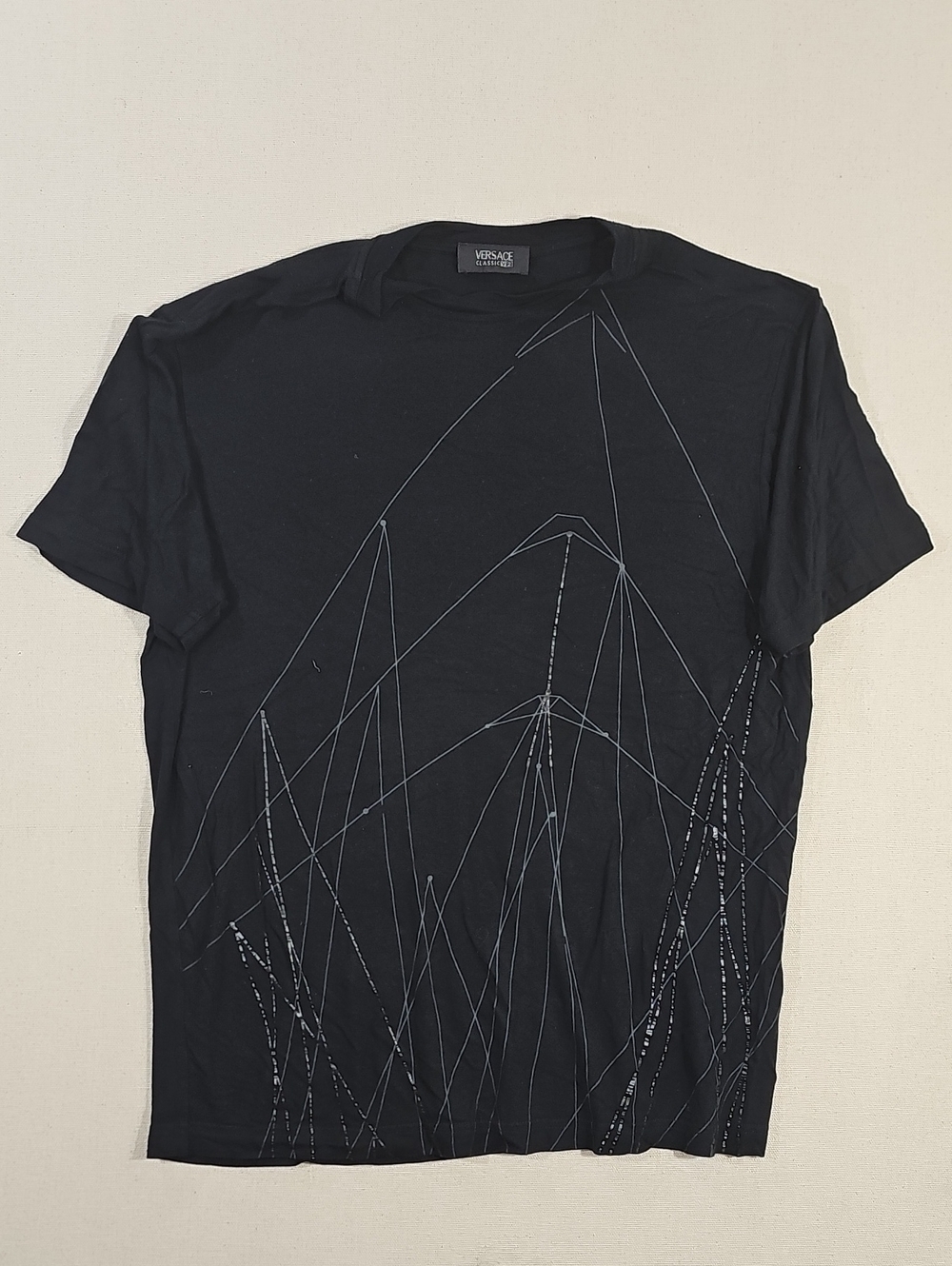 Versace Black Short-Sleeve Graphic Tee with Silver Line Detail